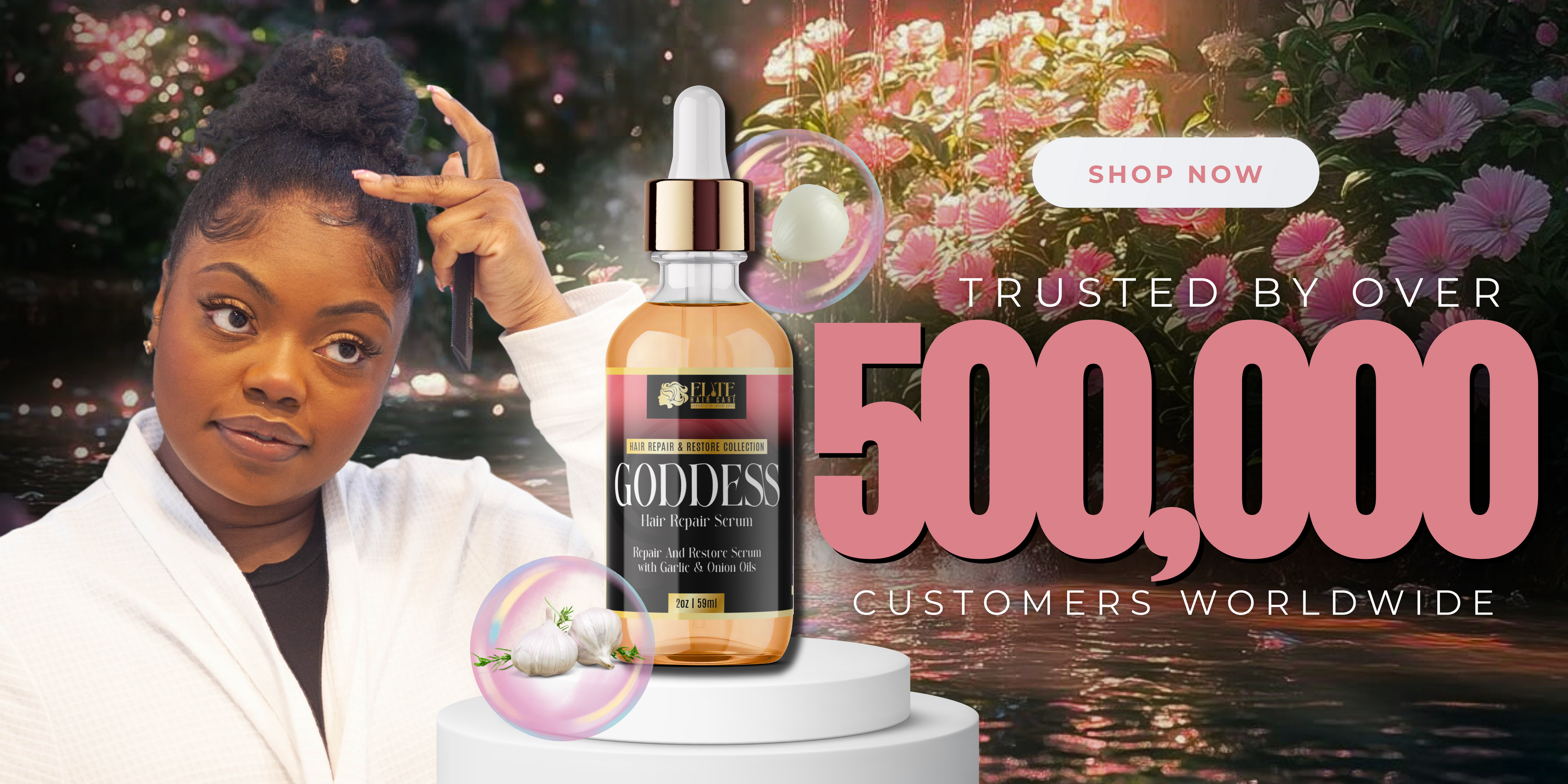 Woman holding a bottle labeled 'Goddess' with a scenic background and text about customer trust.