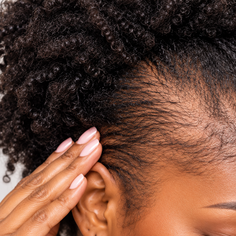 Close-up of a person with dark curly hair, showing the scalp and hairline with a hand touching the hair near the ear.